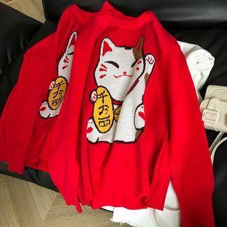 Long Sleeve Round Neck Print Knit Top Red - One Size