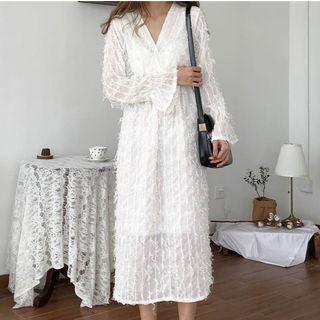 Long-sleeve Fringed Midi Dress
