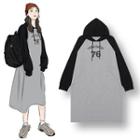 Lettering Hooded Long-sleeve Midi T-shirt Dress As Shown In Figure - One Size