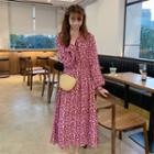 Long-sleeve Maxi Floral A-line Dress Red - One Size