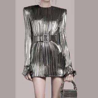 Long-sleeve Metallic Pleated Dress