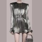 Long-sleeve Metallic Pleated Dress