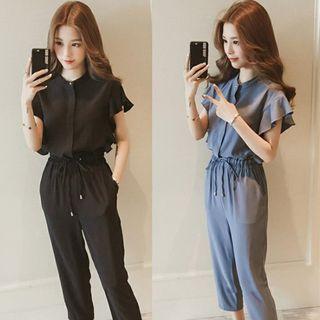 Set: Short-sleeve Frill Trim Top + Cropped Pants