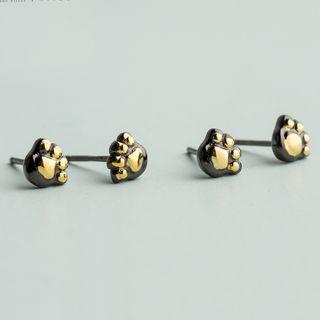 925 Sterling Silver Cat Paw Stud Earring 1 Pair - S925 Silver - Gold & Black - One Size