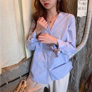 Ribbon-cuff V-neck Light Shirt Blue - One Size