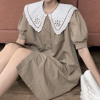 Short-sleeve Collared Button-up Dress Khaki - One Size