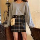 Lettering Crop Sweatshirt / Plaid Mini Skirt