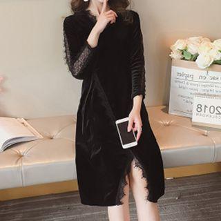 Lace Trim Velvet Long-sleeve A-line Dress