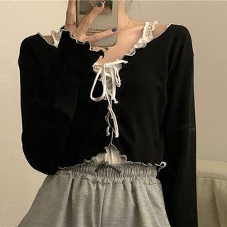 Set: Long-sleeve Lace-up Crop Top + Camisole Top
