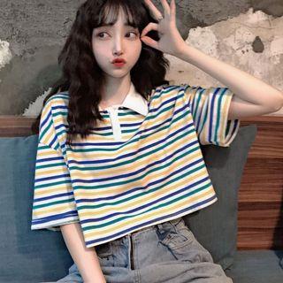Elbow-sleeve Striped Cropped Polo Shirt White Collar - Stripes - Multicolour - One Size