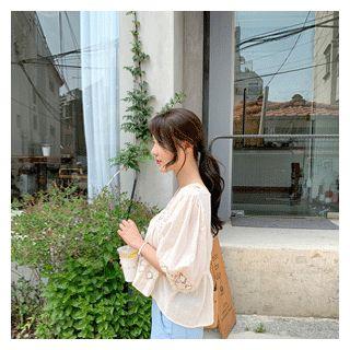 V-neck Lace-trim Top Beige - One Size