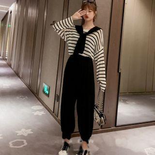 Set: Striped Long-sleeve Knit Top + Cropped Harem Pants