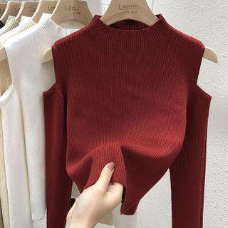 Long-sleeve Off-shoulder Plain Knit Crop Top