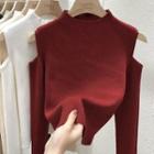 Long-sleeve Off-shoulder Plain Knit Crop Top