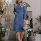 Long Sleeve Mock Neck Denim Midi Dress