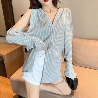 Cutout V-neck Long Sleeve Striped Shirt Light Blue - One Size