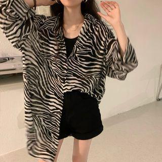 Long-sleeve Zebra Print Loose-fit Shirt As Figure - One Size