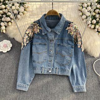 Dual Pocket Sequined Denim Jacket Blue - One Size