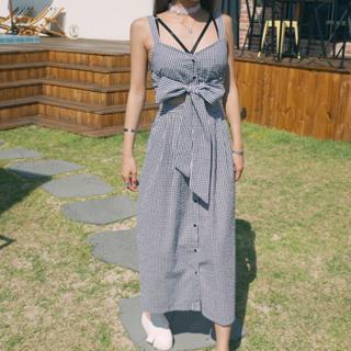 Sleeveless Button Bow-accent Gingham Dress