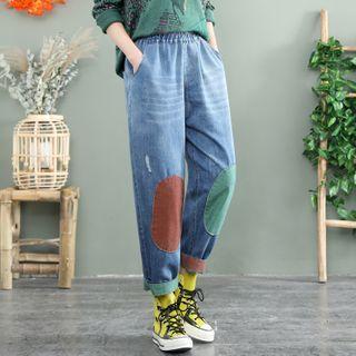Contrast Applique Roll-up Tapered Jeans