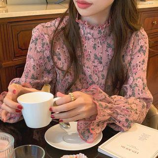 Flared-cuff Floral Print Blouse Pink - One Size