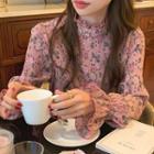 Flared-cuff Floral Print Blouse Pink - One Size