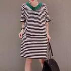 Short-sleeve Striped V-neck Knit Dress