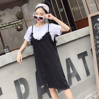 Set: Frill Trim Spaghetti Strap Denim Dress + Short-sleeve T-shirt