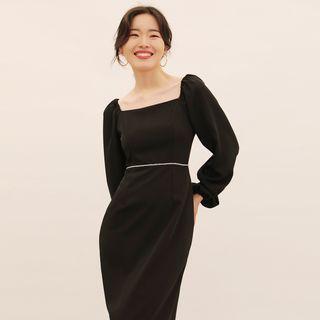 Long-sleeve Embellished Midi Sheath Dress