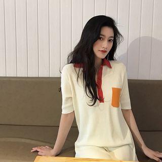 Color Block Short-sleeve Knitted Polo Dress