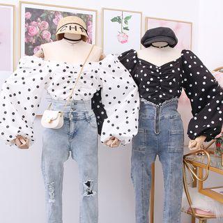 Boatneck Ruched Dotted Blouse