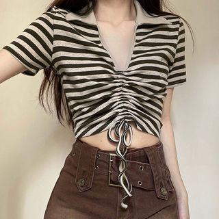 Short-sleeve V-neck Striped Cropped Polo Shirt