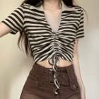 Short-sleeve V-neck Striped Cropped Polo Shirt