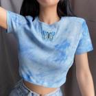 Short Sleeve Tie-dyed Bufferfly Embroidered Crop Top