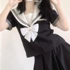 Set: Short-sleeve Sailor Collar Top + Bow Tie