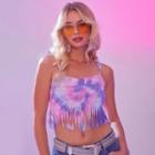 Tie-shoulder Tie-dyed Fringed Cropped Camisole Top
