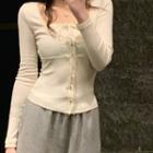 Long-sleeve Square Neck Plain Lace Up Slim Fit Button Knit Top Almond - One Size