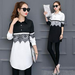 Long Sleeve Color Block Lace Panel Blouse