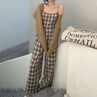 Spaghetti Strap Plaid Jumper Pants / Knit Shrug