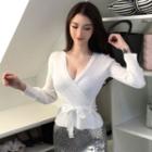 Long-sleeve V-neck Tie-waist Knit Top