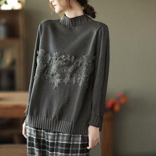 Floral Lace Panel Mock-neck Knit Top