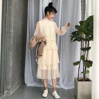 Long-sleeve Mock Neck Midi Tiered Mesh Dress