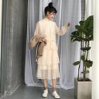Long-sleeve Mock Neck Midi Tiered Mesh Dress