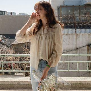 V-neck Frilled-detail Blouse Beige - One Size