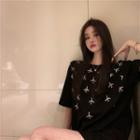 Rhinestone Airplane Print Elbow-sleeve T-shirt