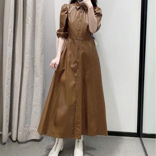 Elbow-sleeve Faux Leather A-line Dress