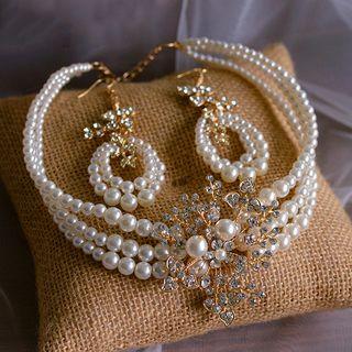 Set: Bridal Faux Pearl Rhinestone Necklace + Dangle Earring White - One Size