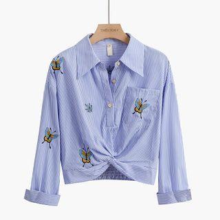 Long-sleeve Striped Butterfly Embroidered Twist-front Shirt