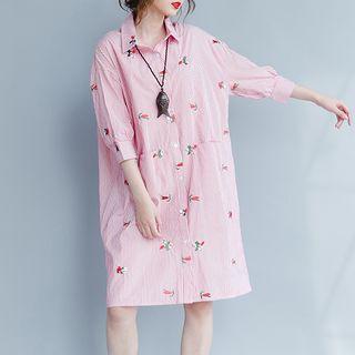 Flower Embroidered Striped 3/4 Sleeve Shirt Dress