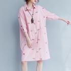 Flower Embroidered Striped 3/4 Sleeve Shirt Dress